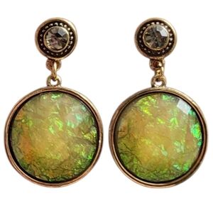 Vintage Gold and Green Drop Earrings with Iridescent Stones